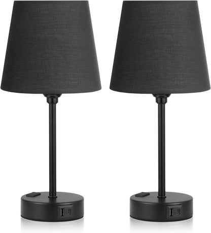 Mini Bedside Lamps for Bedrooms Set of 2 - Nightstand Bedroom Lamps with USB C Port and AC Outlet Charging, Dimmable Touch Small Bed Side Table Lamp, Black Night Stand Light for Kids/Guest Room