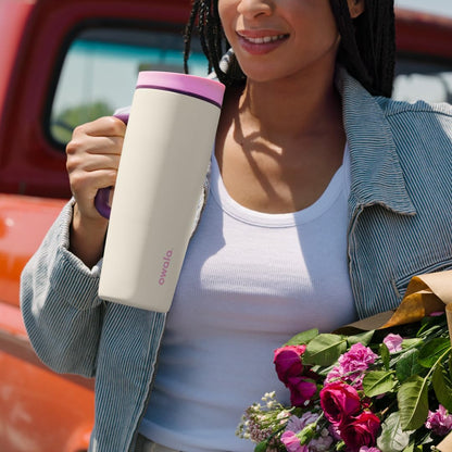 Owala SmoothSip Slider Insulated Stainless Steel Coffee Tumbler, Reusable Iced Coffee Cup, Hot Coffee Travel Mug, BPA Free 12 oz, Pink (Pucker Up)