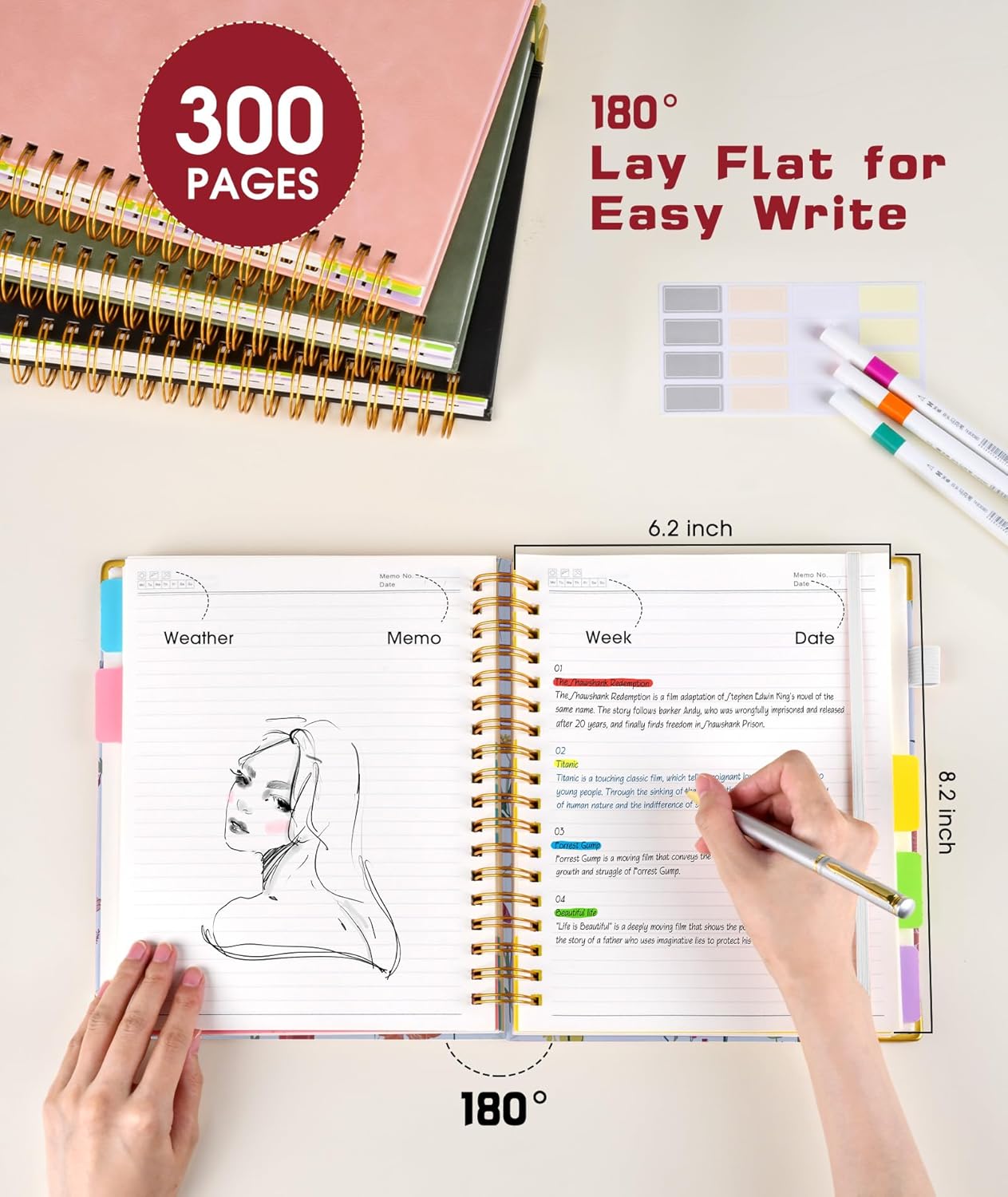 Hardcover Spiral Notebook journal with Removable Dividers Tabs, 300 Pages Leather 5 Subject Notebook College Ruled, 8"x10" Large B5 Notebooks for Work School Note taking, Lined Journal for Women,Black