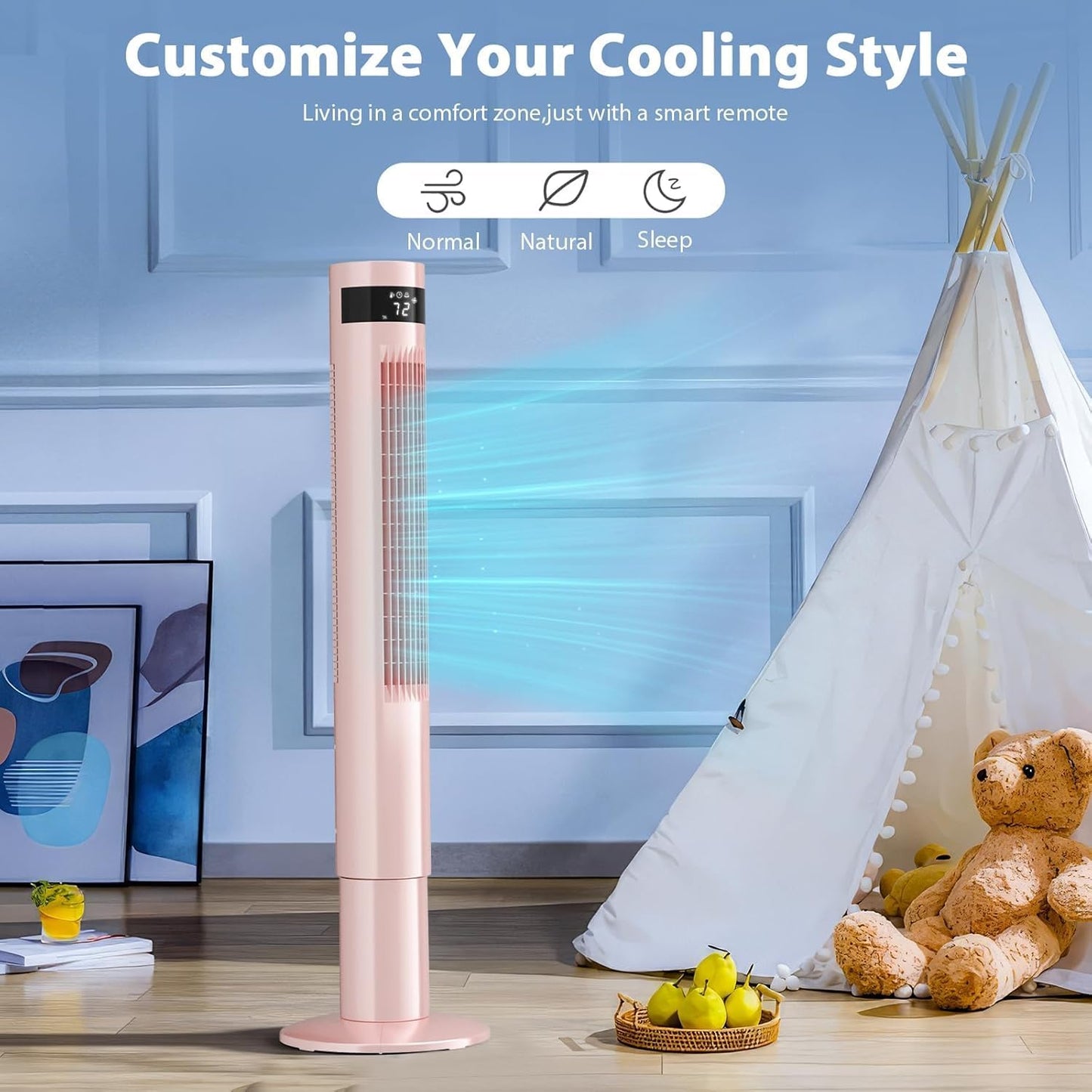 Antarctic Star Tower Fan 85°Oscillating Fan Quiet Cooling 12H Timer Remote Control Bladeless Electric 3 Speeds Wind 3 Modes, 42INCH, PINK