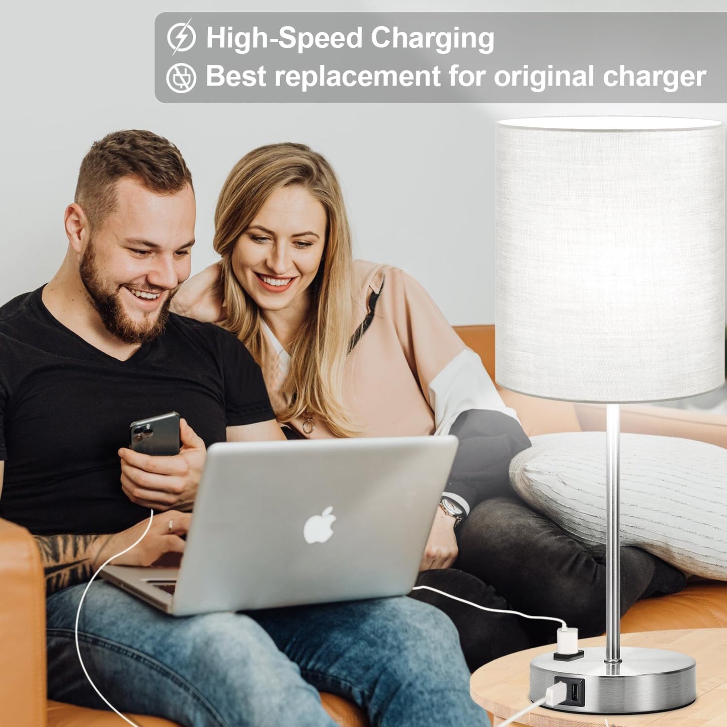 Set of 2 Touch Control Table Lamps with 2 USB & AC Outlet, 3-Way Dimmable Bedside Nightstand Lamps for Bedroom Living Room Nursery, 800 Lumens 5000K Daylight Bulbs Included