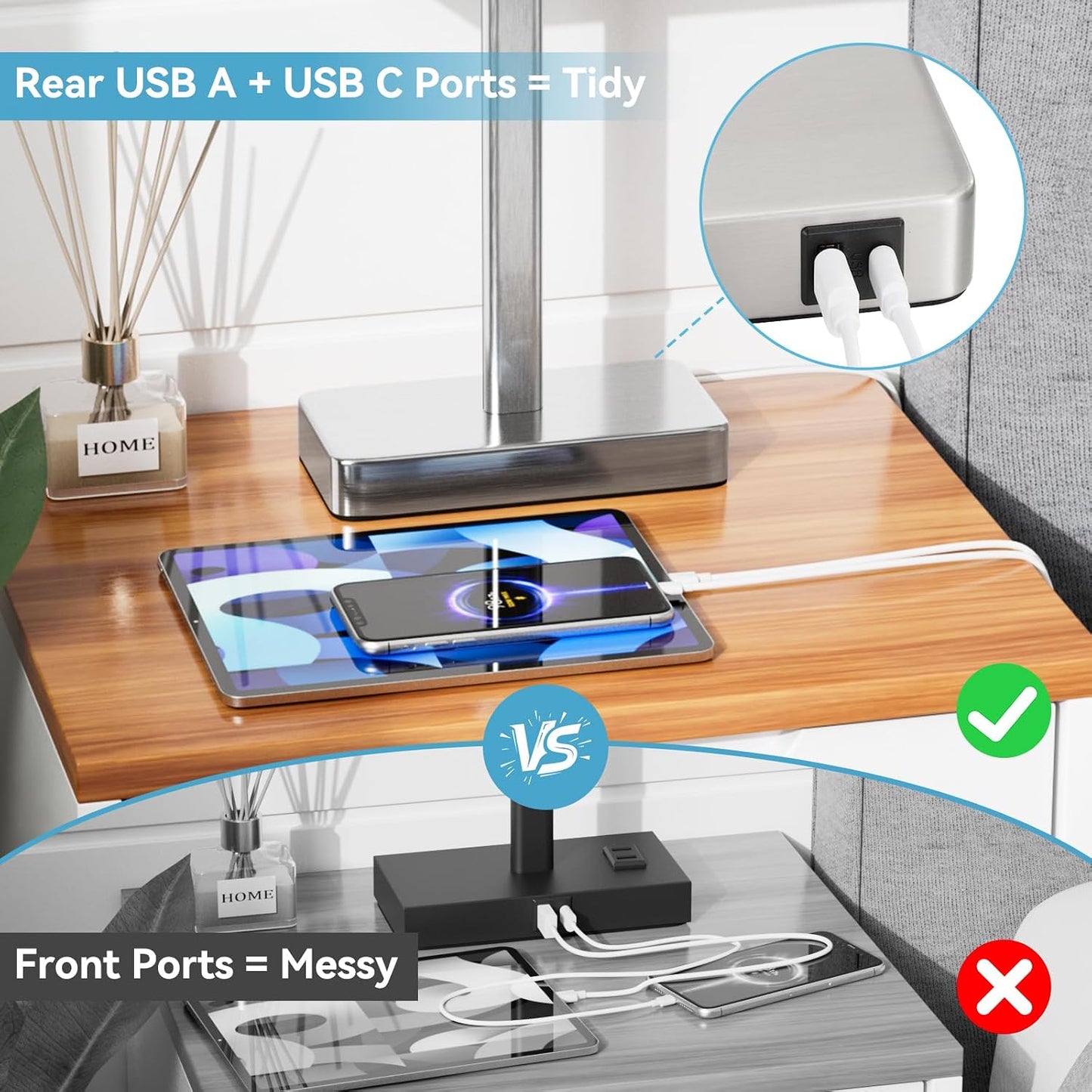 Hong-in Touch Lamps for Bedroom - 3-Way Dimmable Bedside Lamps Set of 2 with USB C+A, Grey Modern Table Lamp for Night Stands, Desk Lamp for Living Room Nightstand End Tables Bed Side