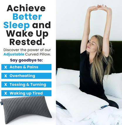 Sidney Sleep Adjustable Curved Pillows for Neck and Shoulder Support with Extra Shredded Fill - Cervical Contour Pillow for Side and Back Sleepers - Queen Size 19" x 29" CertiPUR-US Certified (White)