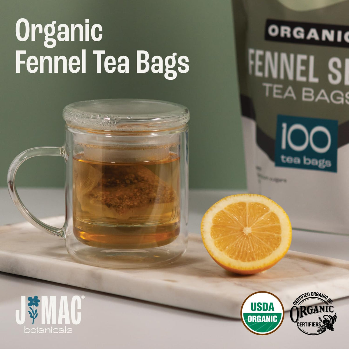 J MAC BOTANICALS, Organic Fennel Seed Tea Bags (100 Count)- Certified by Organic Certifiers, Inc. - Quality Tea From Nile Valley, Egypt, Packaged in the USA
