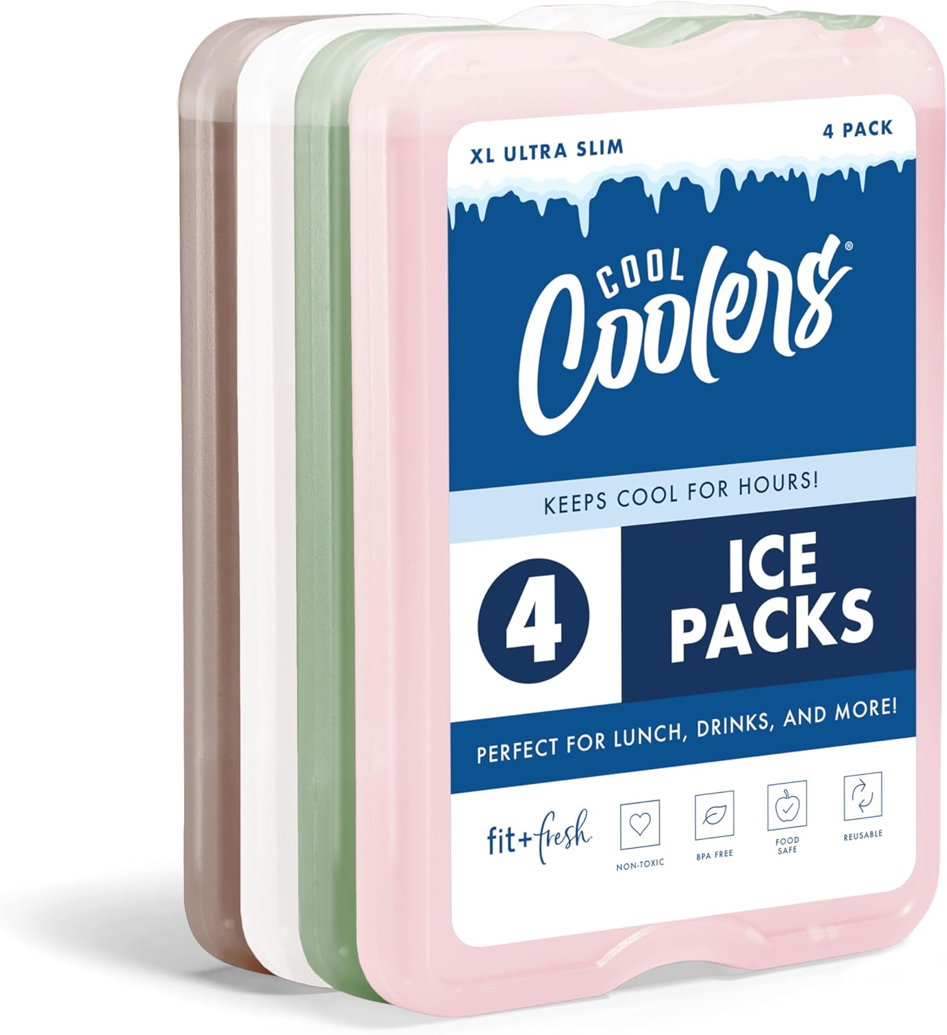 Cool Coolers by Fit & Fresh 4 Pack XL Slim Ice Packs, Quick Freeze Space Saving Reusable Ice Packs for Lunch Boxes or Coolers