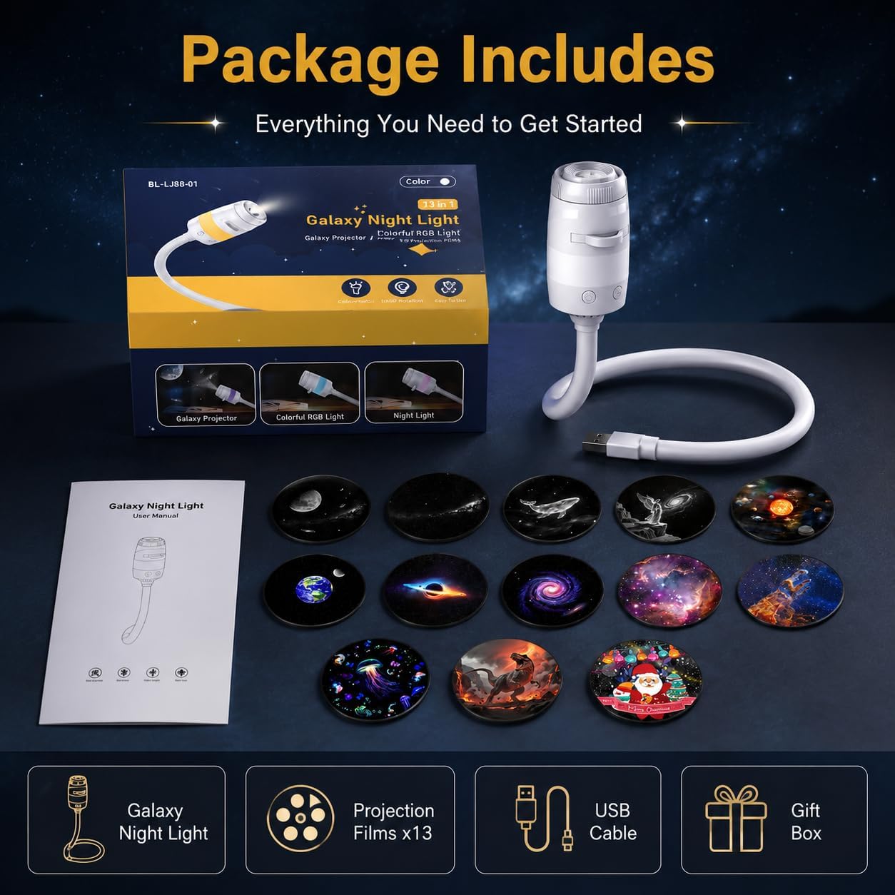 Galaxy Starry Sky Night Light Projector, 2-in-1 Portable with 12 Projection Films, 360° Adjustable Brightness Control Eye‑Caring LED Night Light for Kids Adults Bedroom Home Ceiling Car Decor Gift