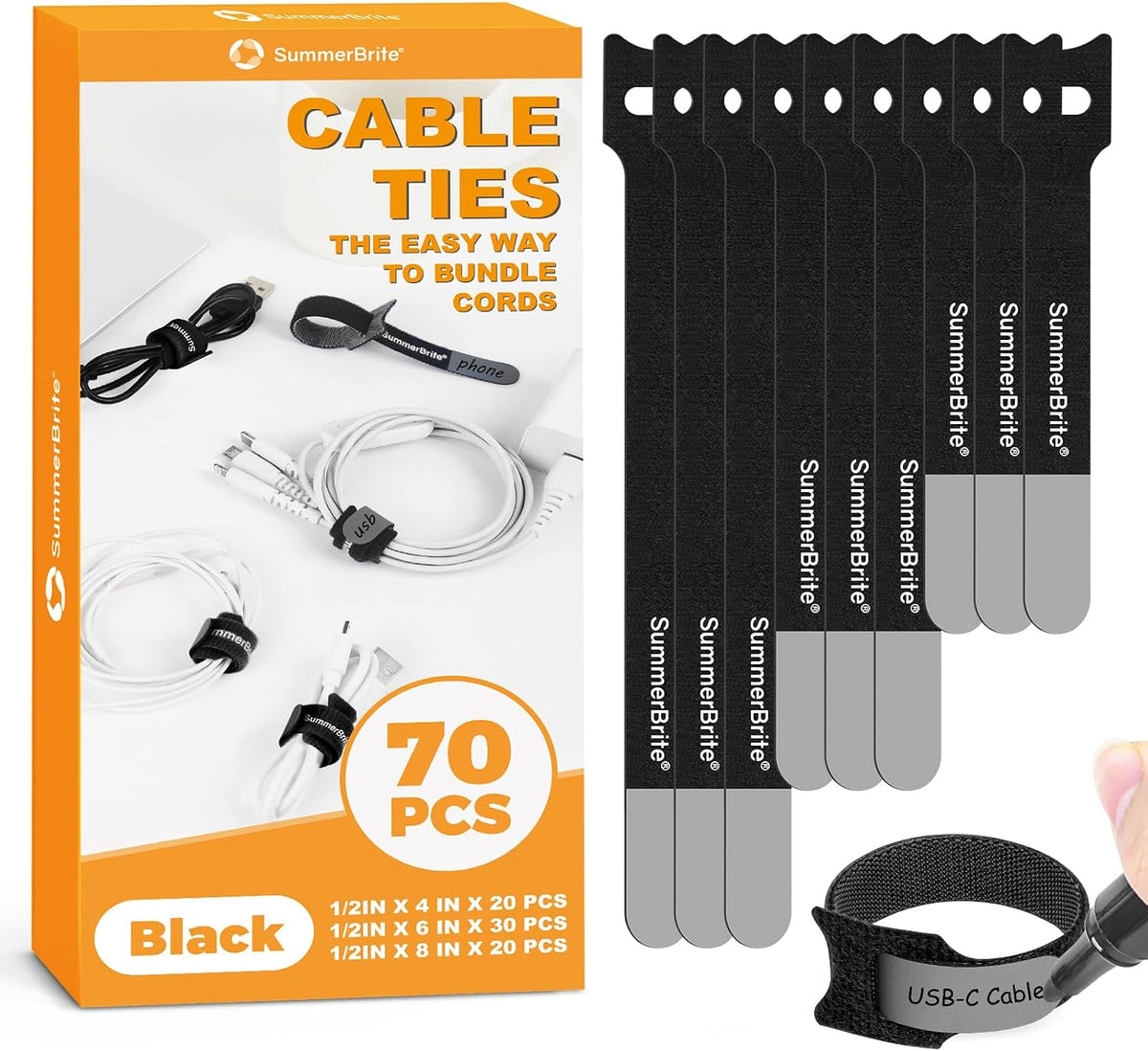 Cable Ties with Writable Labels, Wire Management, Black, 70 PCS, 6 IN