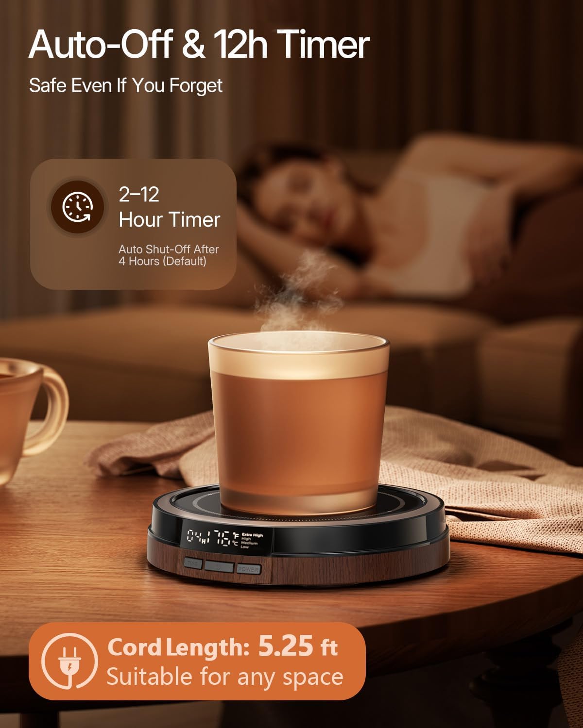 Coffee Mug Warmer for Desk, 50W, Cup Warmer 4 Temps & Timer - Wood