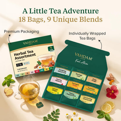 VAHDAM, Assorted Herbal Tea Sampler (18 Tea Bags, 9 Flavors) Caffeine-Free, Non-GMO | Delightful Natural Flavours, Individually Wrapped Tea Bags | Herbal Tea Assortment