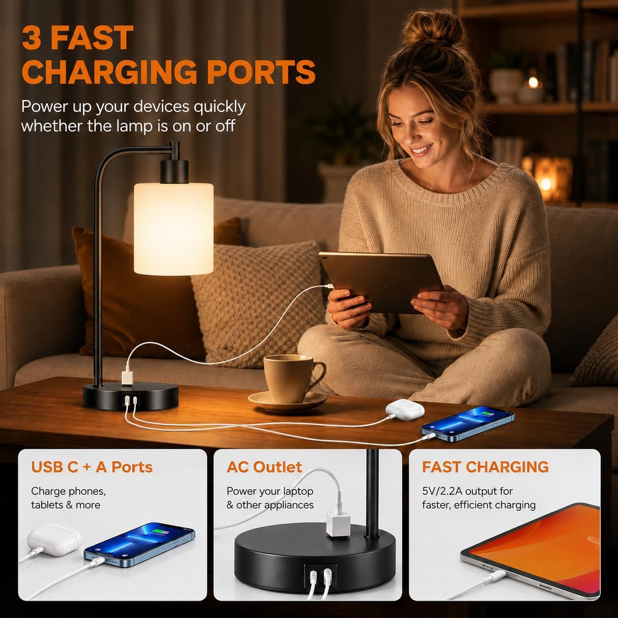 Set of 2 Industrial Touch Control Table Lamps with USB C+A Ports and AC Outlet - 3-Way Dimmable Black Bedside Lamps Nightstand Desk Lamps for Bedroom Living Room, Glass Shade & 2 LED Bulbs Included