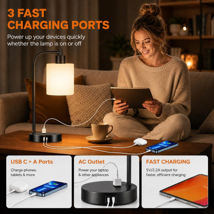 Set of 2 Industrial Touch Control Table Lamps with USB C+A Ports and AC Outlet - 3-Way Dimmable Black Bedside Lamps Nightstand Desk Lamps for Bedroom Living Room, Glass Shade & 2 LED Bulbs Included