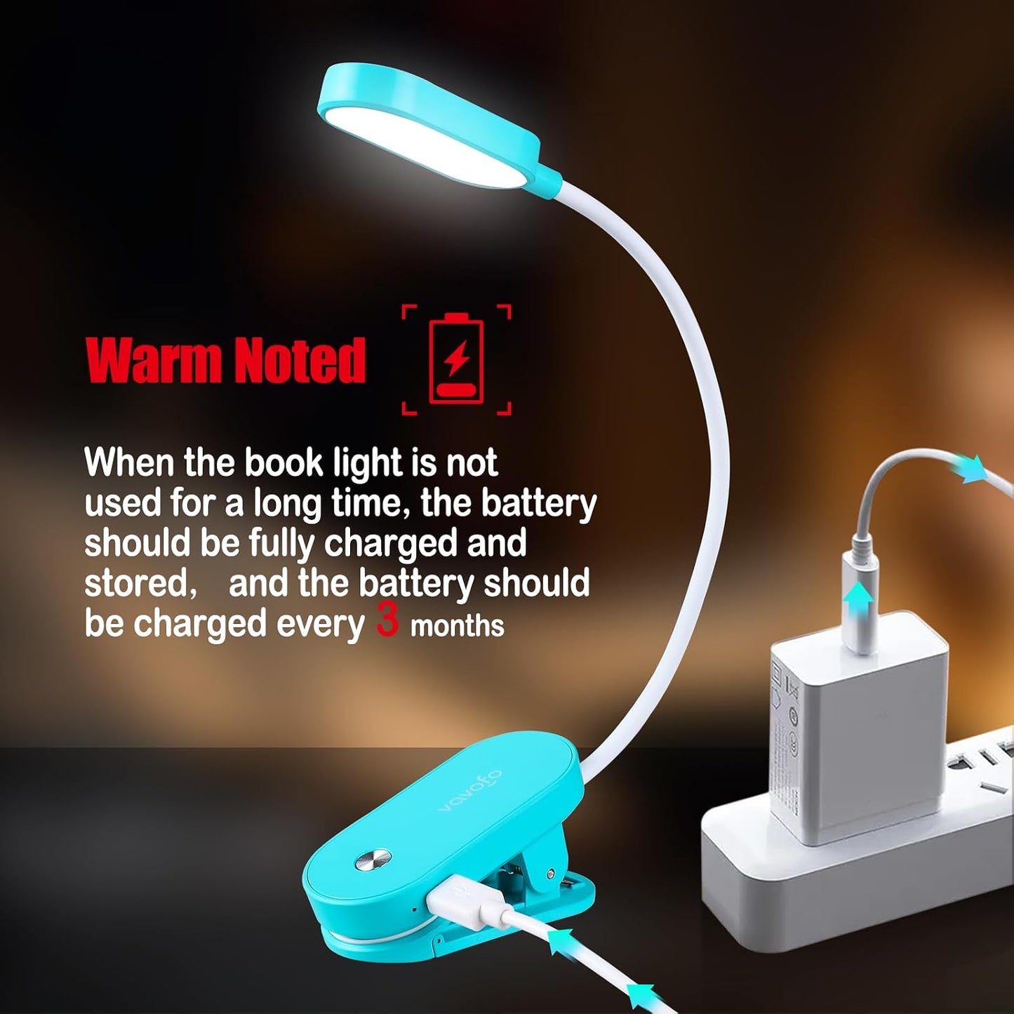 VAVOFO Rechargeable Book Light, 14 LEDs Eye Care Clip On Amber Reading Light for Bookworms Reading in Bed with 9 Colors 9 Brightness (White-Blue)