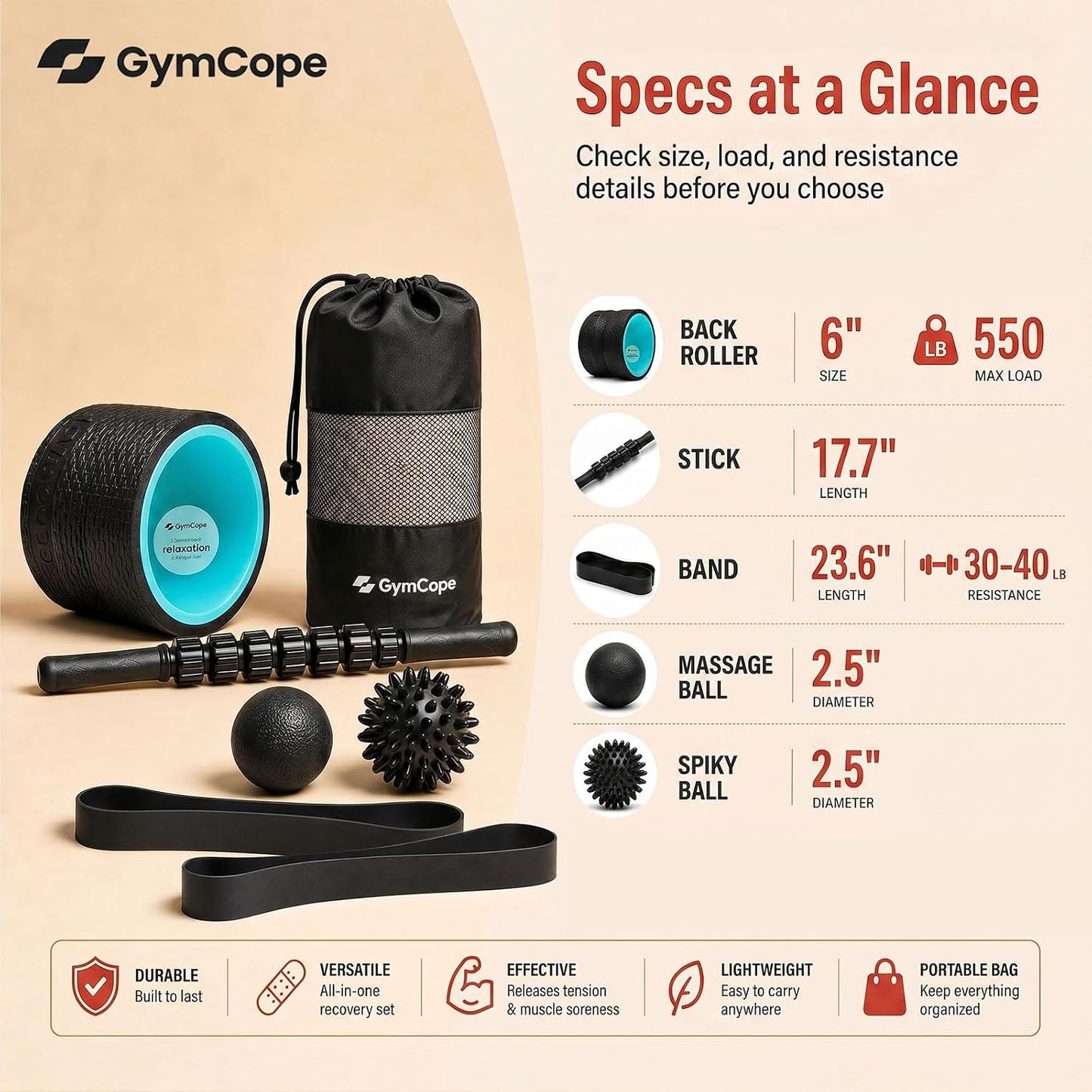 GymCope 5-in-1 Foam Roller Set with Back Roller, Massage Roller Stick, Spiky Ball, Fascia Ball and Stretch Band, 6 Inch Yoga Back Stretcher for Deep Stretch, Posture Support and Home Workout Recovery