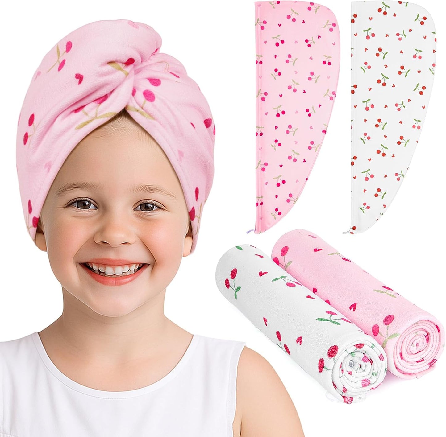 Unicorn Castle Microfiber Hair Towel for Kids 2Pack Hair Wrap Towels Absorbent Hair Drying Towel Wrap Hair Turbans for Curly Thick Hair, Pink White Strawberry