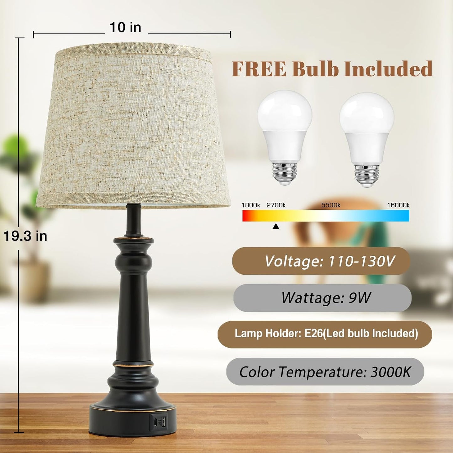 EJIAXIN Lamps for Bedrooms Set of 2, Brushed Nickel Bedside Lamps with USB C+A Ports,Dimmable Nightstand Lamps with Fabric Lampshade, Touch Table Lamp for Living Room Bedroom Office, Bulbs Included