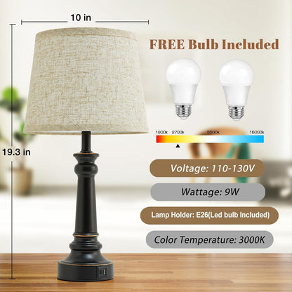 EJIAXIN Lamps for Bedrooms Set of 2, Brushed Nickel Bedside Lamps with USB C+A Ports,Dimmable Nightstand Lamps with Fabric Lampshade, Touch Table Lamp for Living Room Bedroom Office, Bulbs Included