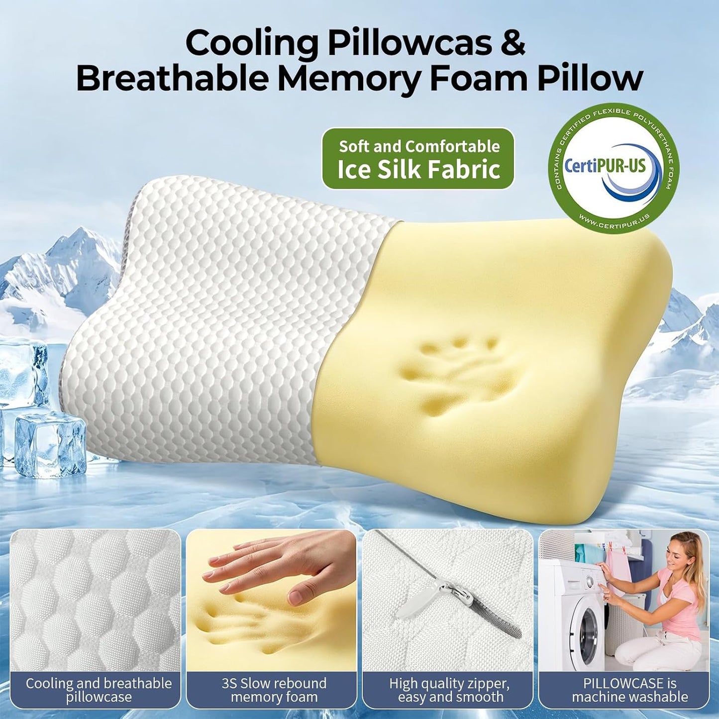 Cervical Neck Pillow for Pain Relief, Contour Memory Foam Pillows for Sleeping, Ergonomic Pillow Orthopedic Cooling Pillow Bed Pillow Neck Support for Side Back Stomach Sleepers(White&Blue)