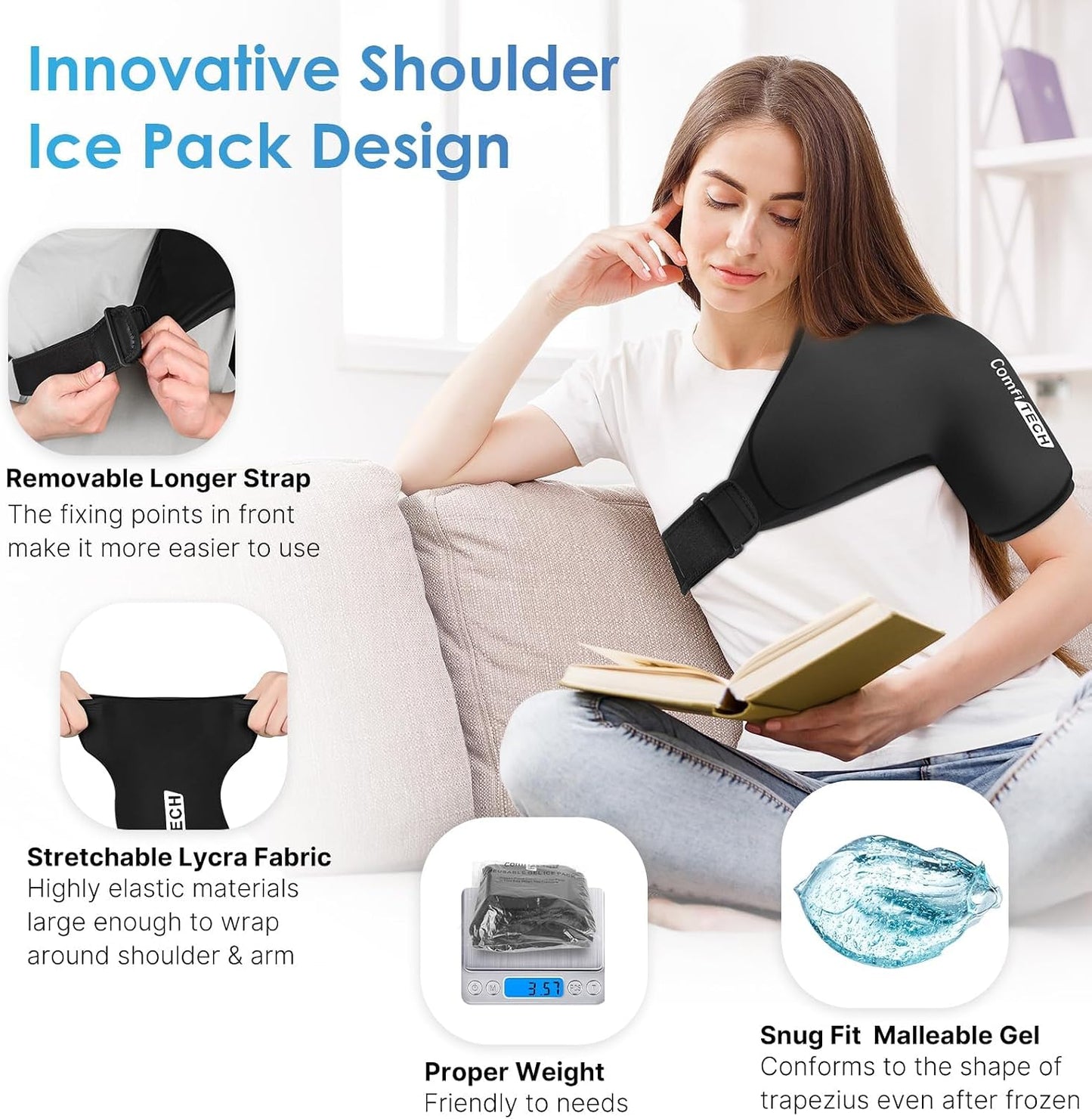 Comfitech Shoulder Ice Pack Wrap Sleeve for Better Putting On & Off, Reusable Gel Cold Pad for Arm, Large, Black