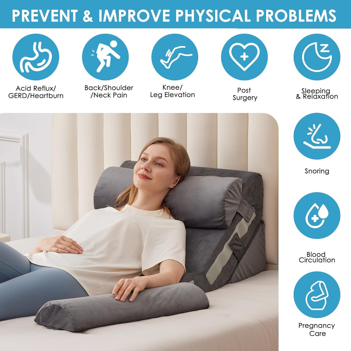 MEGCXIT Wedge Pillow Set for After Surgery, Bed Wedge, 3PCS, White/Grey