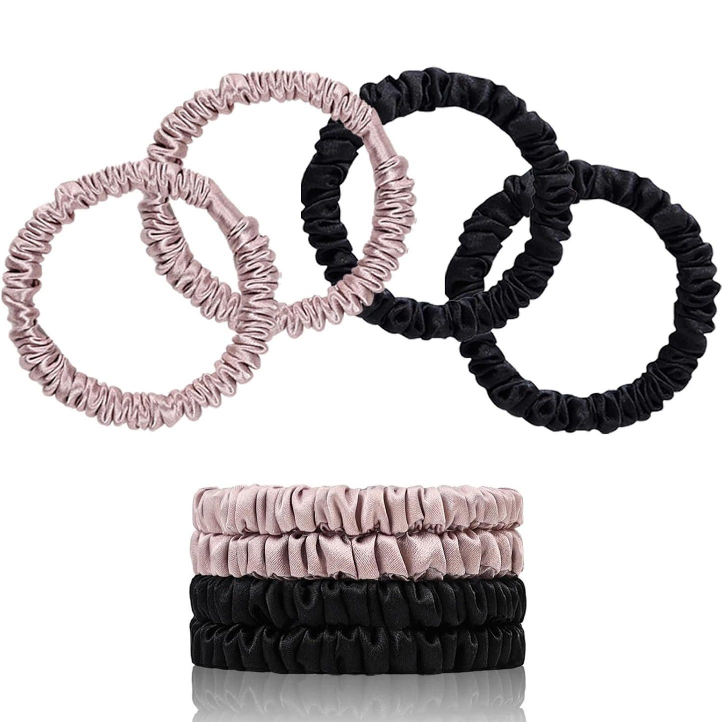 22 Momme 100% Pure Mulberry Silk Scrunchies (4 PCS) - Small Hair Elastics and Ties for Women, Sleep Hair Care, No Damage, Black