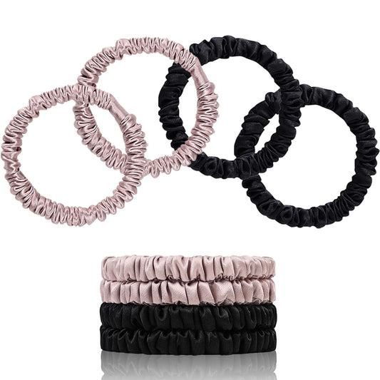 22 Momme 100% Pure Mulberry Silk Scrunchies (4 PCS) - Small Hair Elastics and Ties for Women, Sleep Hair Care, No Damage, Black
