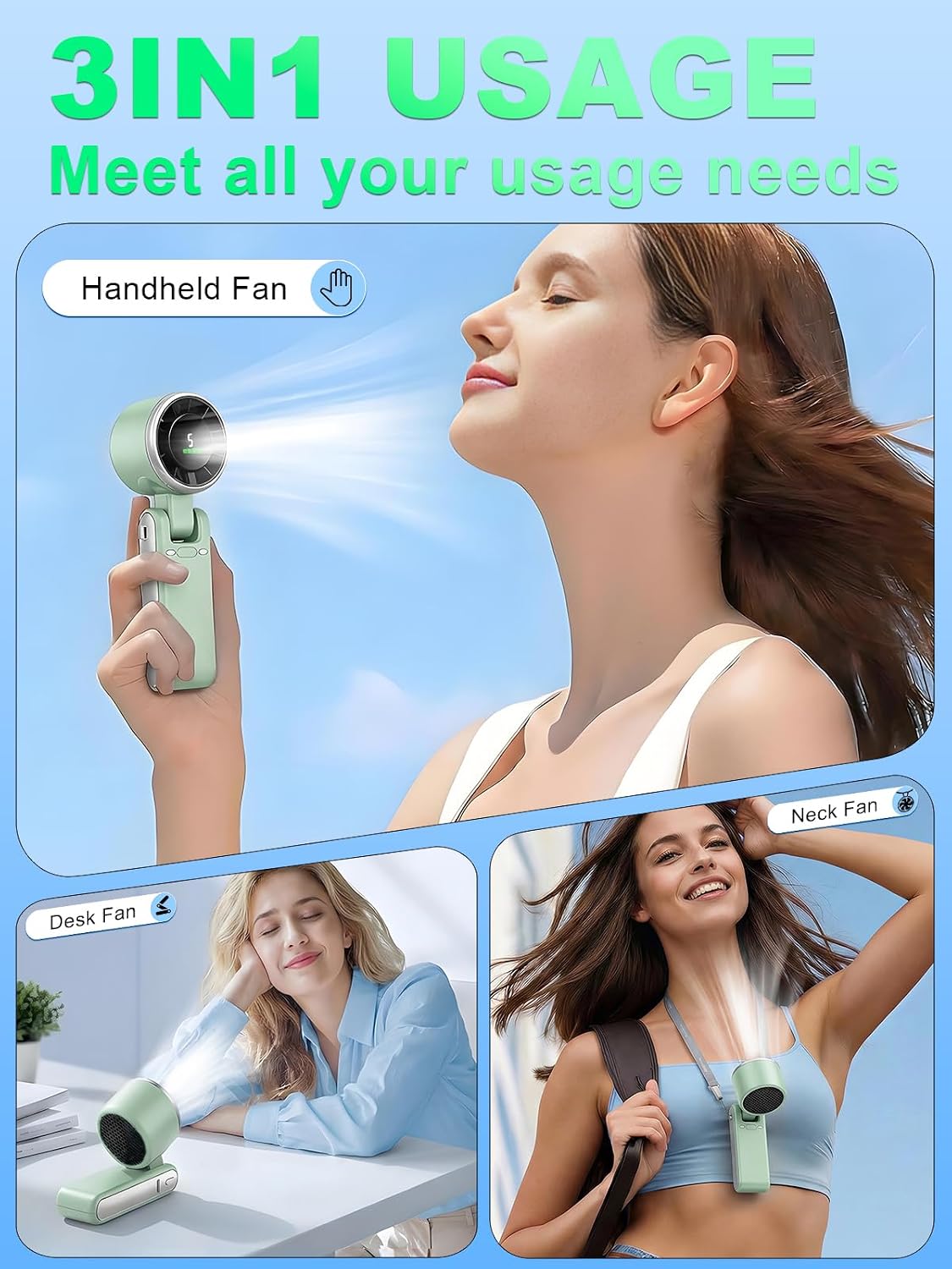 Portable Handheld Turbo Fan, 5 Gear Wind, Battery Operated, Up to 13 Working Hours Rechargeable Fan, 3 IN 1 Hand Fans with Air Turbo Tech Cooling Fan for for Travel, Beach, Outdoor - Black