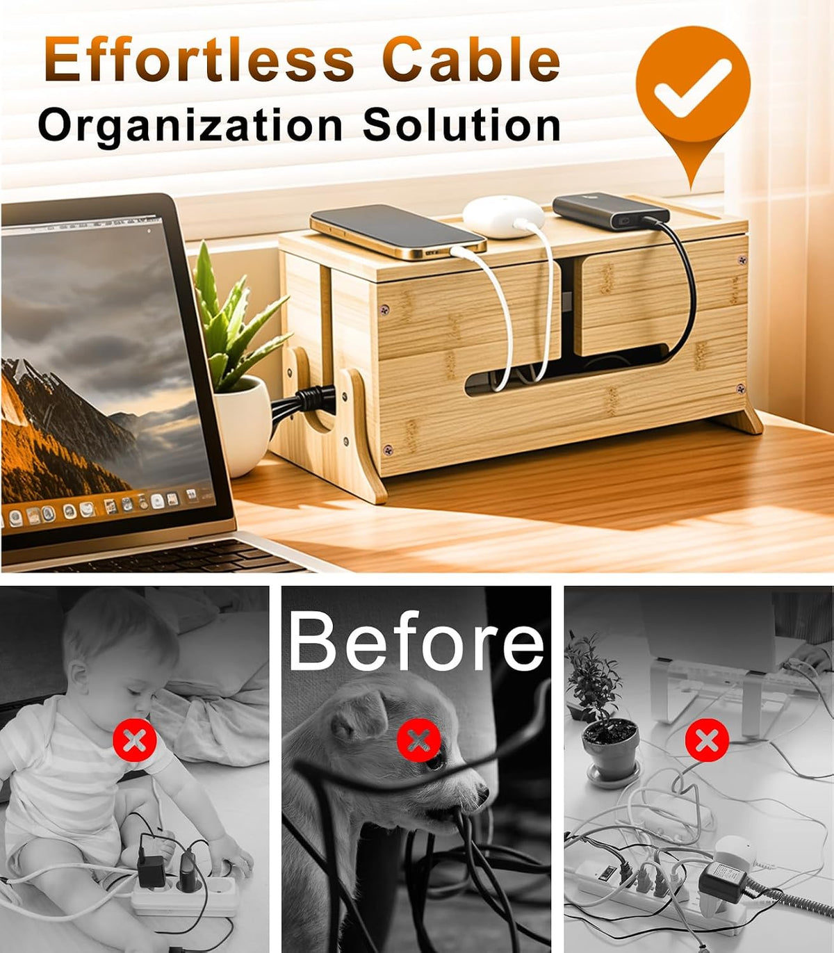 TiMOVO Cable Management Box, Bamboo Cord Organizer Box with Support Legs