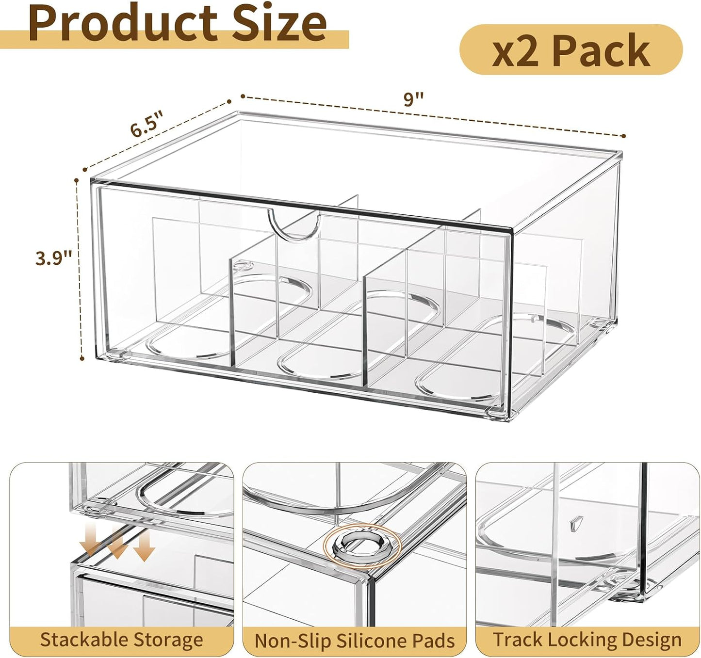 2 Pack Clear Tea Bag Organizer, Stackable Drawer Organizer with Dividers for Pantry Bathroom Vanity Kitchen - Cabinet Countertop Shelf Plastic Storage Bins for Coffee/Makeup/Cosmetic/Crafts/Jewelry