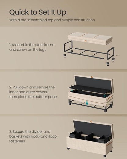 SONGMICS Storage Ottoman Bench, Foot Rest with Legs, 15.7 x 43.3 x 15.7 Inches, End of Bed Bench, Storage Chest, Load up to 660 lb, for Living Room, Bedroom, Entryway, Dark Gray ULSF088G01