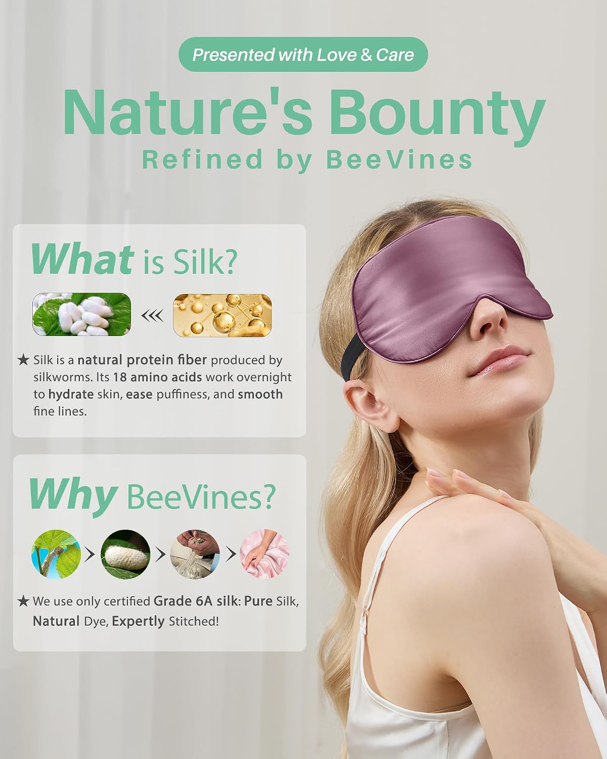 BeeVines 100% Real Mulberry Silk 2 Pack Sleep Mask, Natural Pure Silk Eye Masks with Adjustable Strap for Sleeping, Block Light Eye Sleep Shade Cover, Reduces Puffy Eyes Traveling Gifts