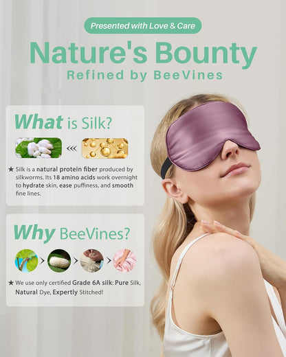 BeeVines 100% Real Mulberry Silk 2 Pack Sleep Mask, Natural Pure Silk Eye Masks with Adjustable Strap for Sleeping, Block Light Eye Sleep Shade Cover, Reduces Puffy Eyes Traveling Gifts