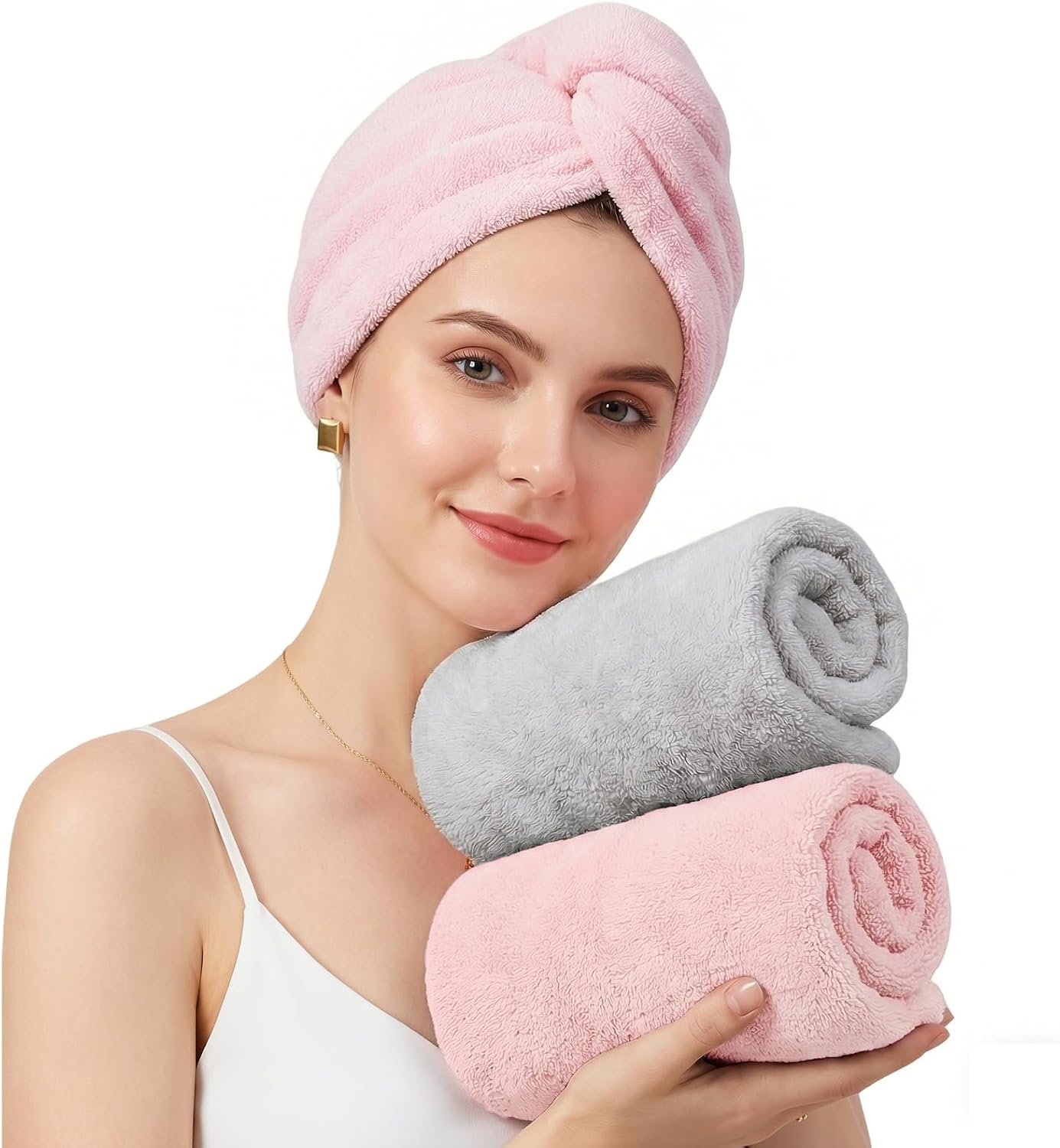 Mandydov 100% Cotton Hair Towel Wrap for Women, 2 Pack Thickened & Super Absorbent Turbans, Anti Frizz Quick Dry Hair Towels (Blue, Pink Blush)