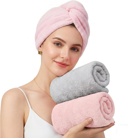 Mandydov 100% Cotton Hair Towel Wrap for Women, 2 Pack Thickened & Super Absorbent Turbans, Anti Frizz Quick Dry Hair Towels (Blue, Pink Blush)