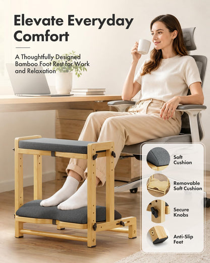 Amazer Bamboo Under Desk Footrest with Cushion 3-in-1, Reversible Ergonomic Wood Rocking Foot Rest for Under Desk at Work, Adjustable Foot Stools with Washable Cover, Desk Leg Rest for Home Office