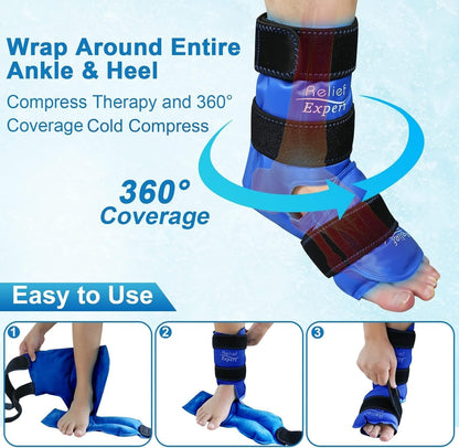 Relief Expert Ankle Ice Pack Wrap – Reusable Cold Gel Pack for Foot and Heel, Dual-Sided Design with Soft Plush Lining, Flexible Cold Compress for Achilles and Ankle Support, Blue