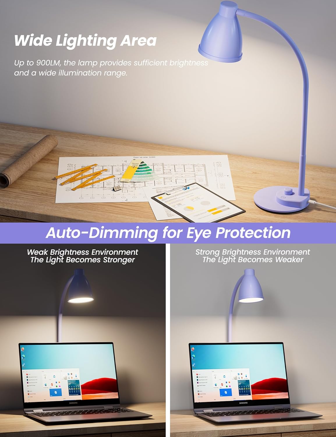 BOHON LED Desk Lamp with USB Charging Port 3 Color Modes Dimmable, Black | Reading Light Intelligent Induction Auto Dimming Task Lamp Neck Flexible Table Lamp for Bedside Office, AC Adapter Include