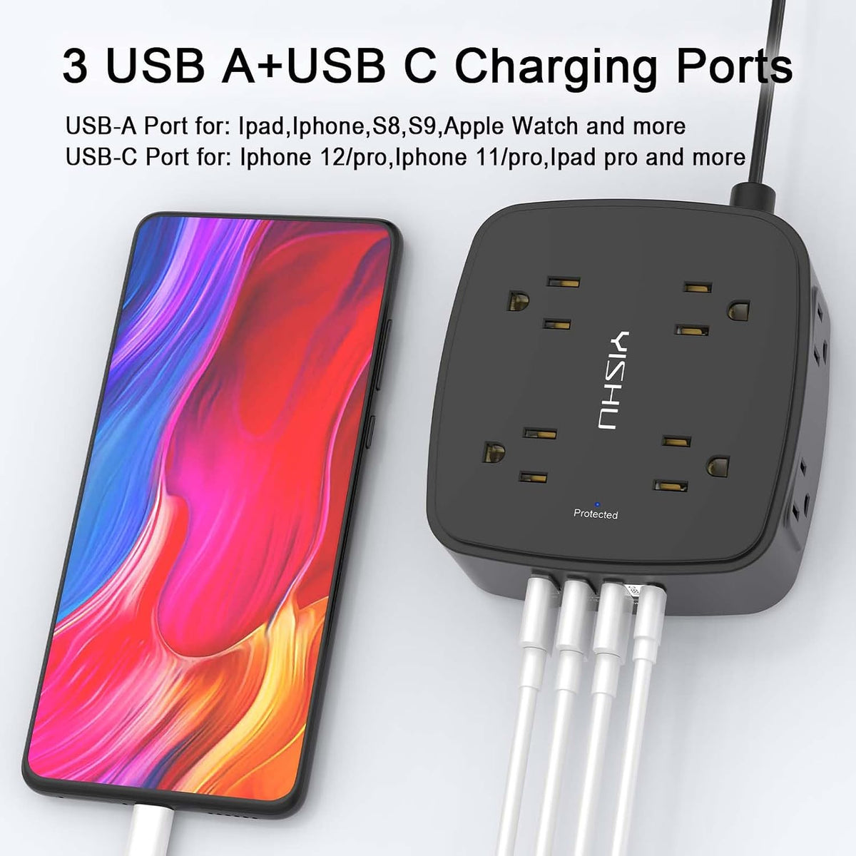 YISHU 6Ft Surge Protector Power Strip with 8 Widely Outlets & 4 USB Ports