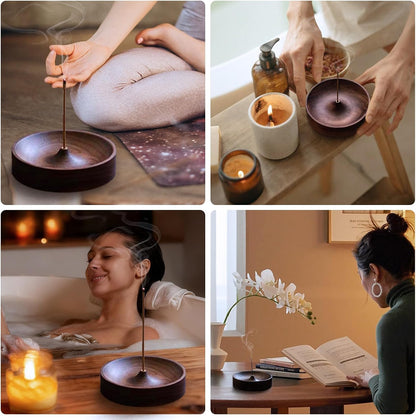 Incense Holder,Black Walnut Hand - Crafted Round Burner for Sticks with Ash Catcher,Perfect for Relaxation at Home, Yoga,Spa & as a Gift(3.5 * 3.5in) (1)