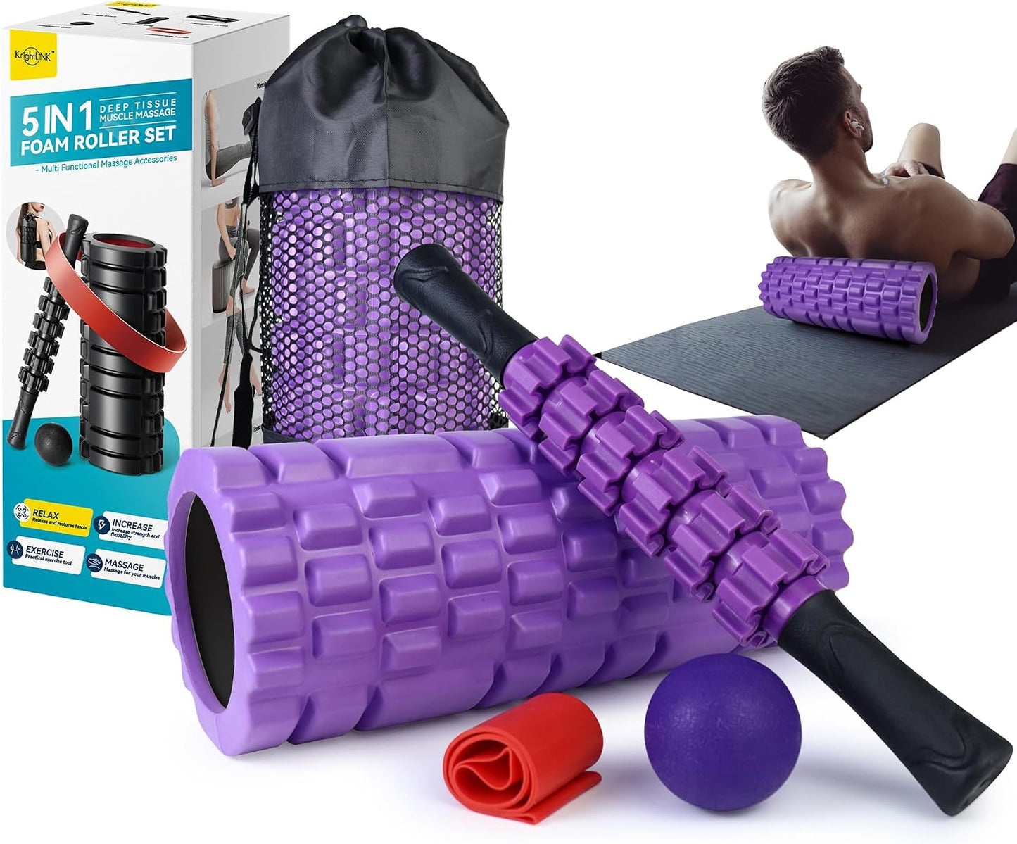 Krightlink 5 in 1 Foam Roller Set for Deep Tissue Muscle Massage, Trigger Point Fitness Exercise Foam Roller, Massage Roller, Massage Ball, Stretching Strap, for Whole Body (Orange Black)