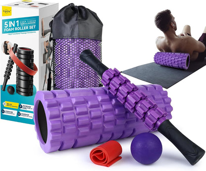 Krightlink 5 in 1 Foam Roller Set for Deep Tissue Muscle Massage, Trigger Point Fitness Exercise Foam Roller, Massage Roller, Massage Ball, Stretching Strap, for Whole Body (Orange Black)