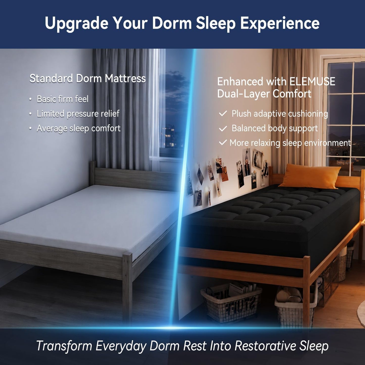 ELEMUSE Twin XL Dorm Dual Layer 3 Inch Memory Foam Mattress Topper for College, Dorm Room Essentials, 2 Inch Cooling Gel Foam and 1 Inch Soft Pillow Top Bed Pad,Back to School Comfortable Support