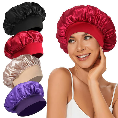 4Pcs Satin Bonnet Silk Bonnet, Hair Bonnet for Sleeping | Elastic Wide Band Silk Sleep Cap, Soft and Breathable, Black Red Purple Gold