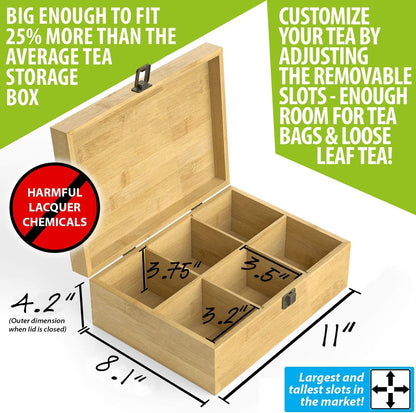 Tea Organizer Box Food Safe Chemical Free Bamboo Wood Storage Chest Big, Tall, Adjustable Cubbies (8-Slot 14.3" x 8.1" x 4.2" with TEA print design)