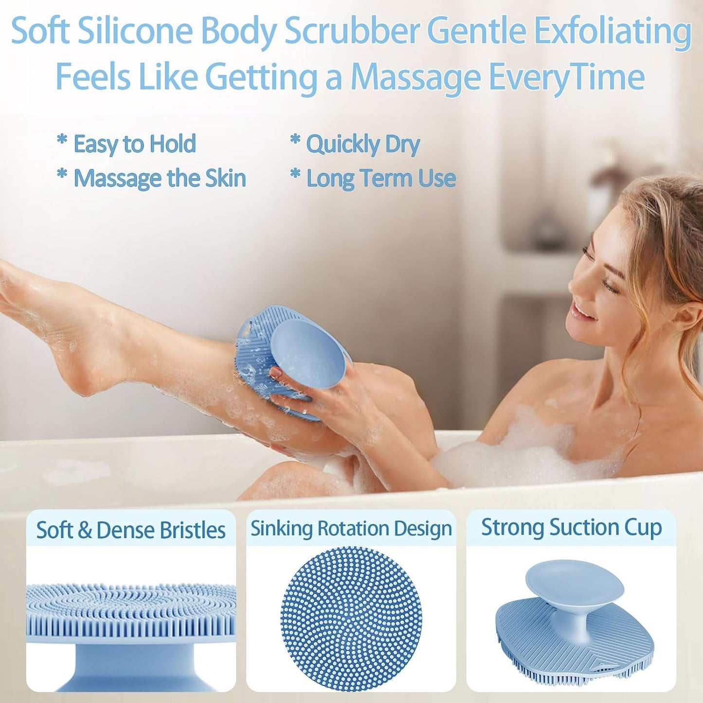 Soft Silicone Body Scrubber, Gentle Like a Hand Exfoliating Your Skin and Build Up Lather Easily, Back Large Suction Cup Easy to Store, Long-Lasting & Deep Clean (Pink)