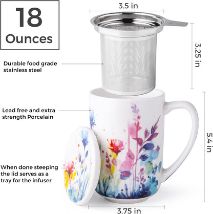 AmorArc Porcelain Tea Mug with Infuser and Lids, 18 Oz Large Cup Strainer with Bag Holder for Loose Leaf Tea, Steeping Coffee Mug for House-warming Wedding Birthday Gift