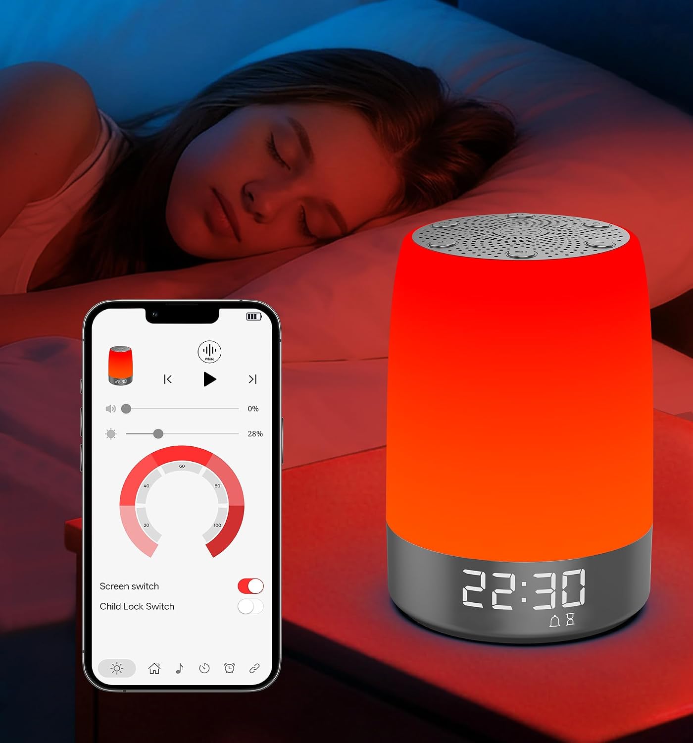 Anweller Smart Red Light Therapy Sleep Device White Noise Sound Machine with 5-Level Red Night Light (620–690nm) 32 White Noise Smart App Control Timer & Wake-Up Alarm Clock