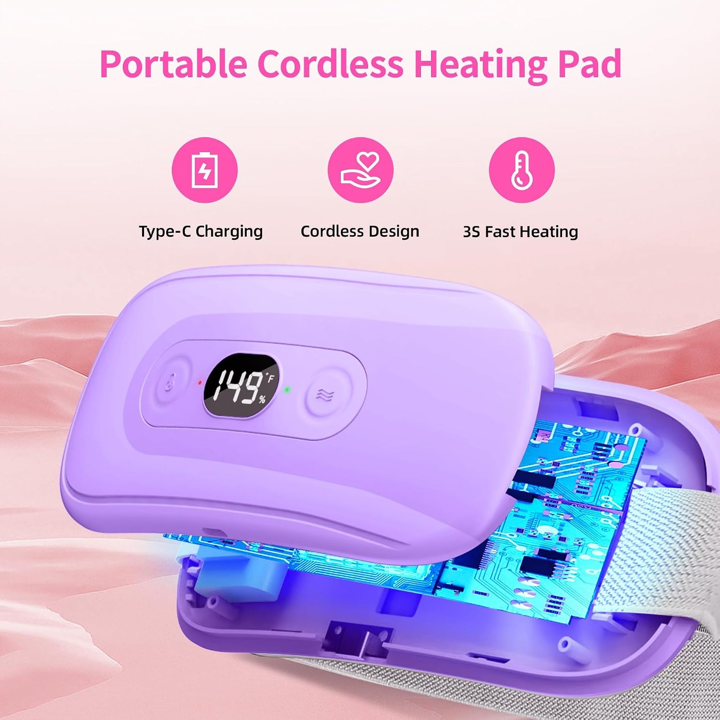 Portable Heating Pad: 2 Timer 6 Heat Levels 6 Vibration Modes Cordless Electric Heating Pad 3s Fast Heating Travel Heating Pad Gifts for Women Christmas Birthday Pink