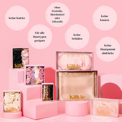 SILKIE x4 Set - Forget Satin - 100% Pure Mulberry Silk Black Brown Skinny Scrunchies Travel Pouch Everyday Hair Ties Elastics Hair Care Ponytail Holder No Damage (Chocolate)