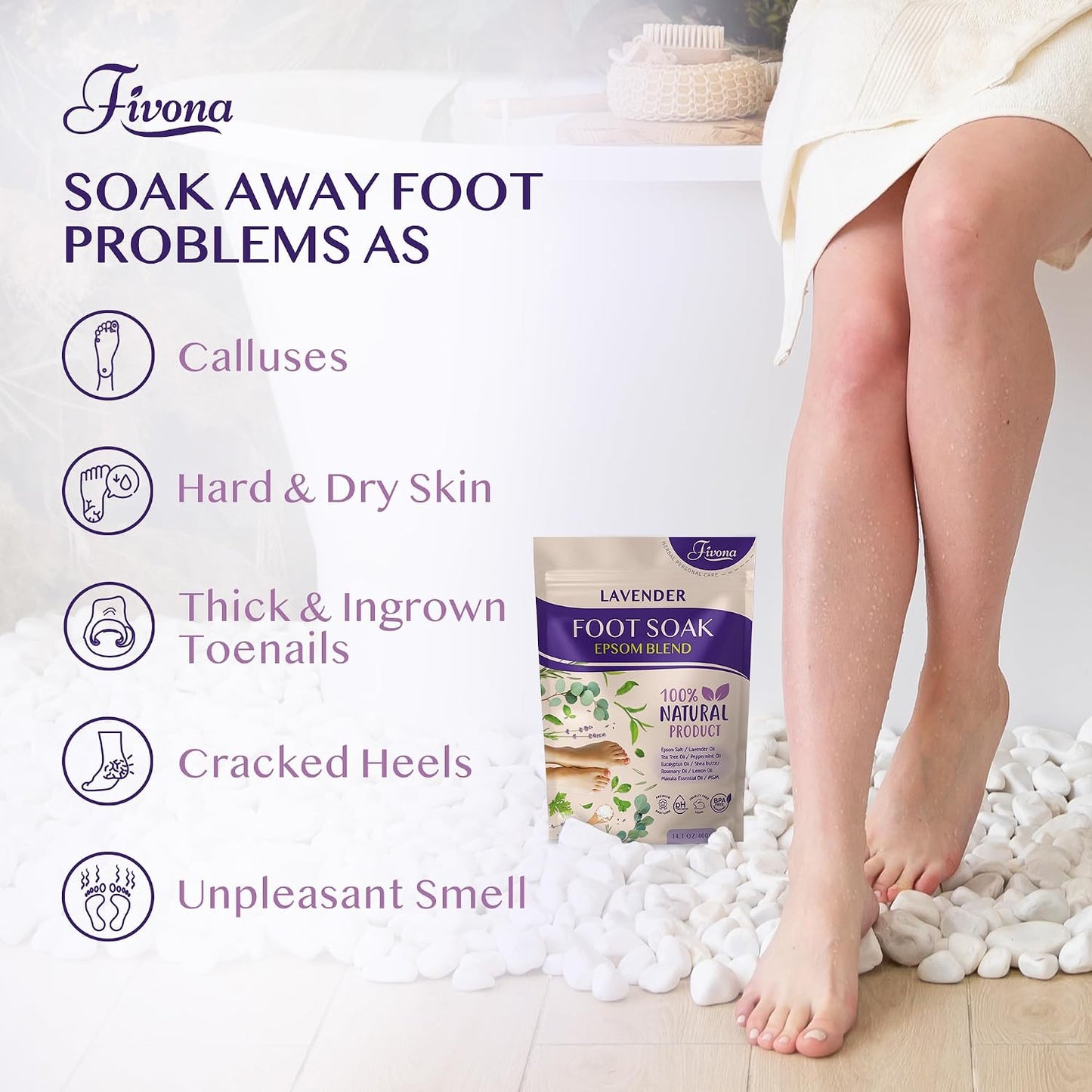 Fivona Tea Tree Foot Soak Blend 14.1 oz - Epsom Salt with Essential Oils for Healthy Toenails, Soothing Relief, Callus Softening - Pedicure Therapy for Soft, Rejuvenated Feet