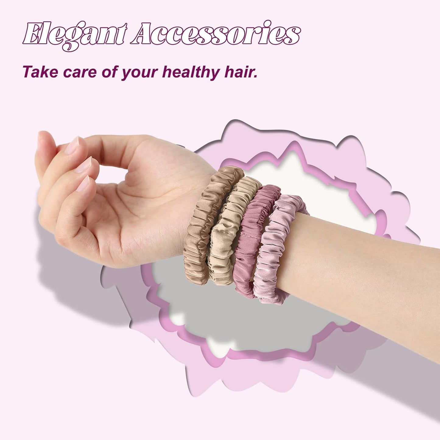 4Pcs Mulberry Silk Scrunchies Set, Silk Hair Ties Elastic for Women, Skinny Scrunchies Reduces Breakage for All Hair Types